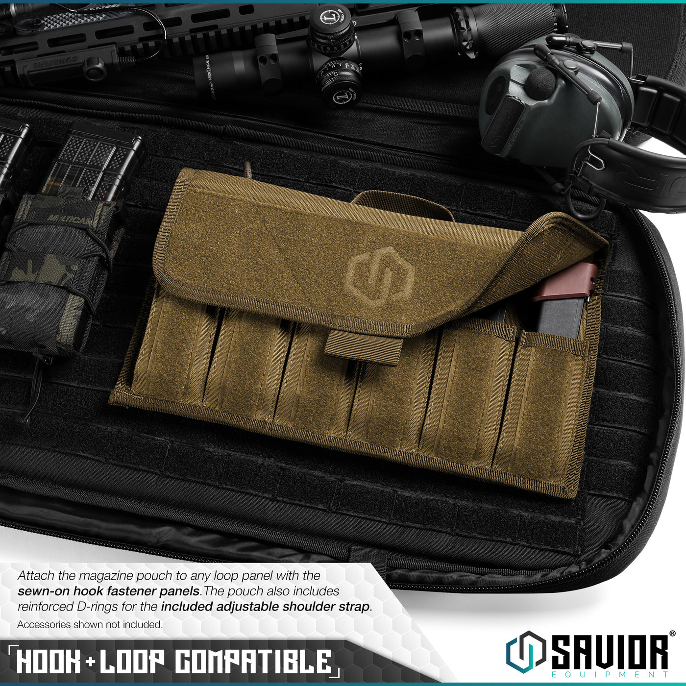 Hook-N-Loop Compatible - Attach the magazine pouch to any loop panel with the sewn-on hook fastener panel. The pouch can also be easily attached to a belt with the built-in belt loop. Accessories shown not included.