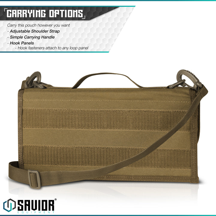 Multiple Carrying Options - You can carry this mag pouch with the adjustable shoulder strap on any D-Rings on the pouch or hook fasteners to attach to any loop panel.#color_dark-fde