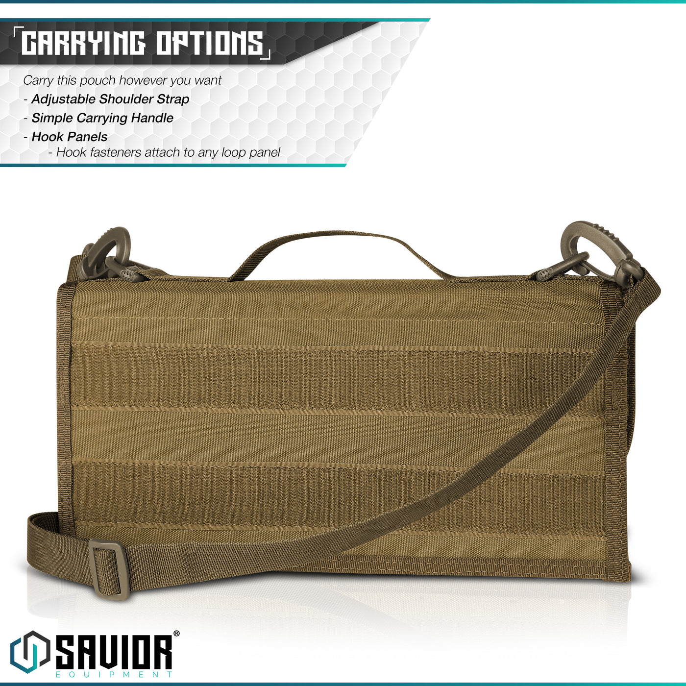 Multiple Carrying Options - You can carry this mag pouch with the adjustable shoulder strap on any D-Rings on the pouch or hook fasteners to attach to any loop panel.