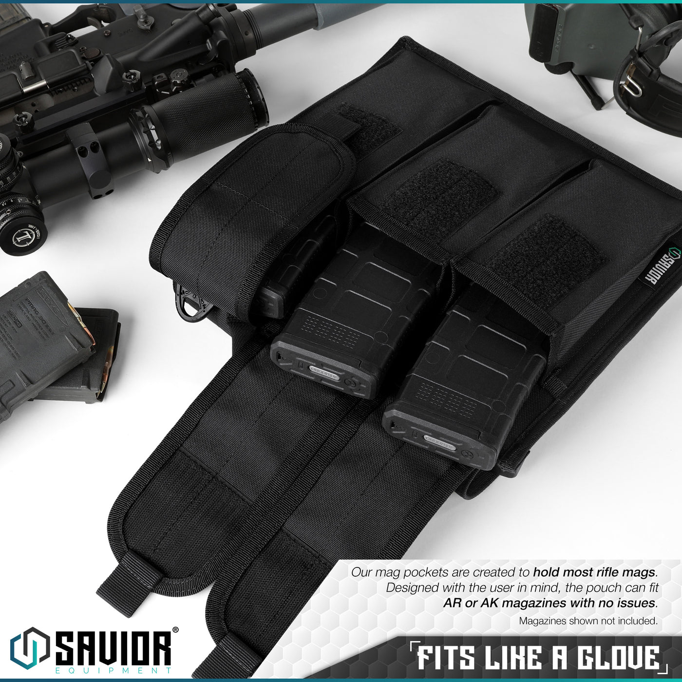 Fits Like a Glove - Our mag pockets are created to hold most rifle mags. Designed with the user in mind, the pouch can fit AR or AK magazines with no issues. Magazines shown not included.