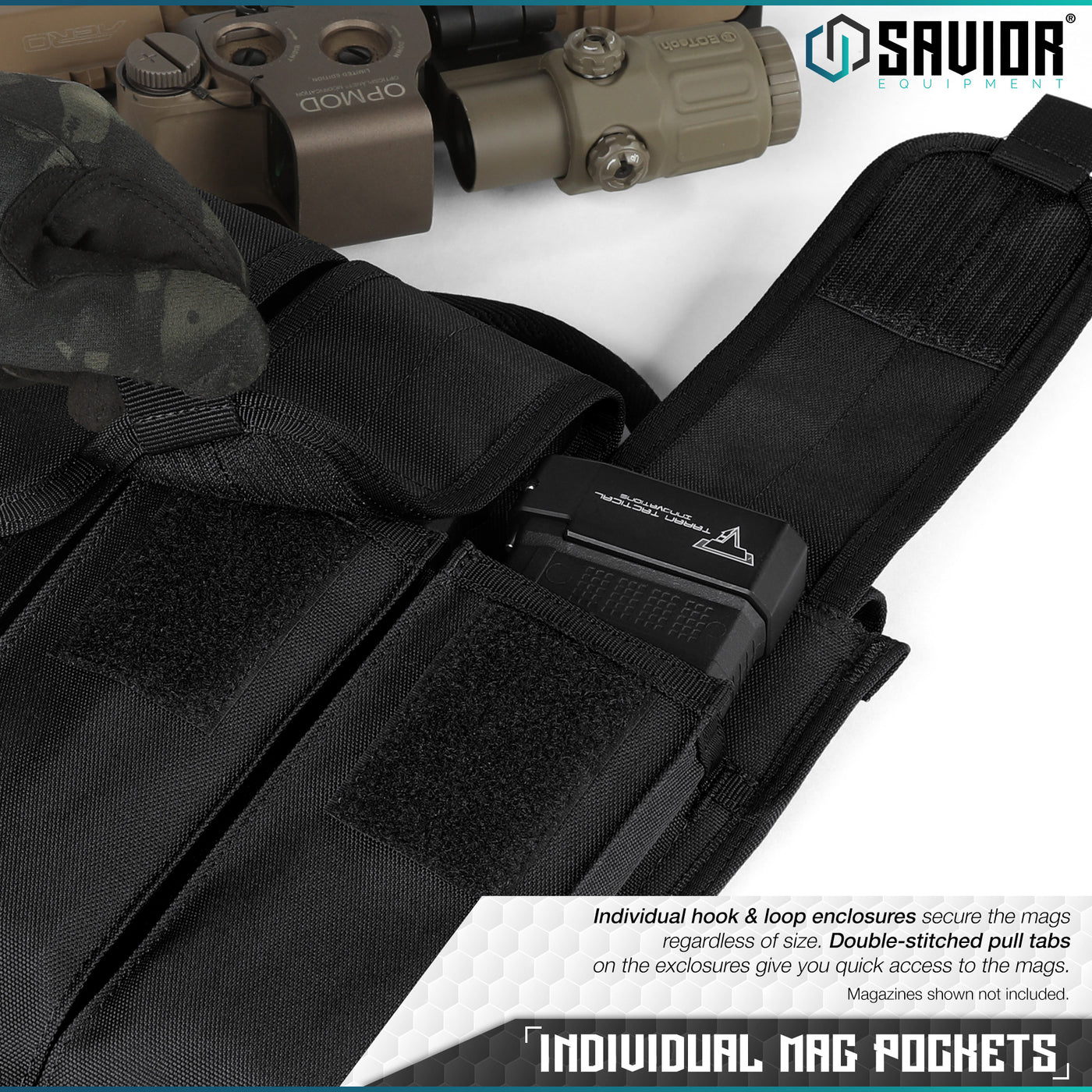 Individual Mag Pockets - Individual hook & loop encloures secure the mags regardless of size. Double-stitched pull tabs on the exclosures give you quick access to the mags. Magazines shown not included.