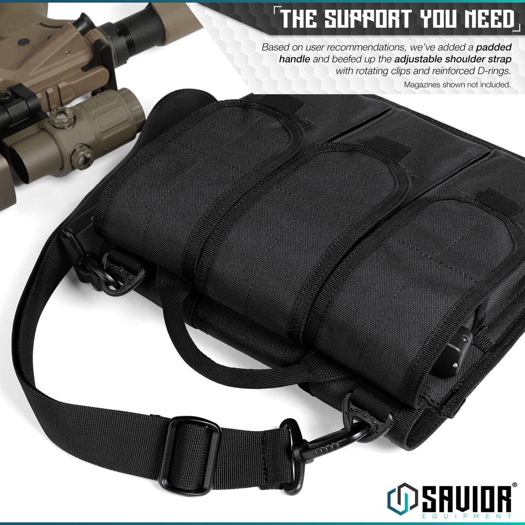 The Support You Need - Based on user recommendations, we've added a padded handle and beefed up the adjustable shoulder strap with rotating clips and reinforced D-rings. Magazines shown not included.#color_obsidian-black