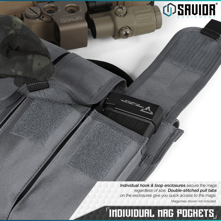 Individual Mag Pockets - Individual hook & loop enclosures secure the mags regardless of size. Double-stitched pull tabs on the exclosures give you quick access to the mags. Magazines shown not included.#color_sw-gray