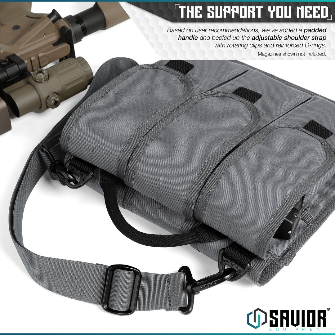 The Support You Need - Based on user recommendations, we've added a padded handle and beefed up the adjustable shoulder strap with rotating clips and reinforced D-rings. Magazines shown not included.#color_sw-gray
