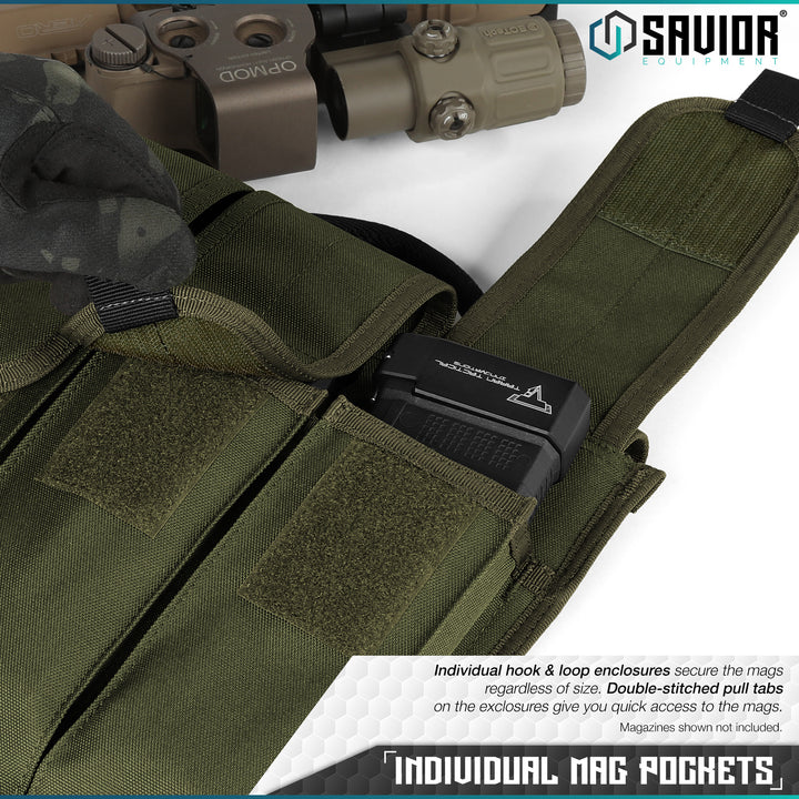 Individual Mag Pockets - Individual hook & loop enclosures secure the mags regardless of size. Double-stitched pull tabs on the exclosures give you quick access to the mags. Magazines shown not included.#color_od-green