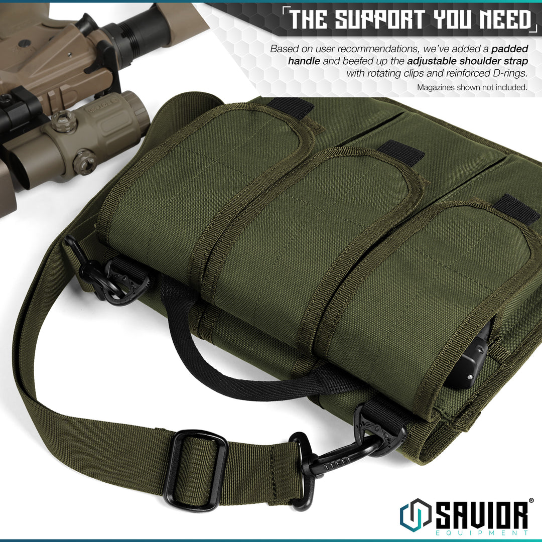 The Support You Need - Based on user recommendations, we've added a padded handle and beefed up the adjustable shoulder strap with rotating clips and reinforced D-rings. Magazines shown not included.#color_od-green
