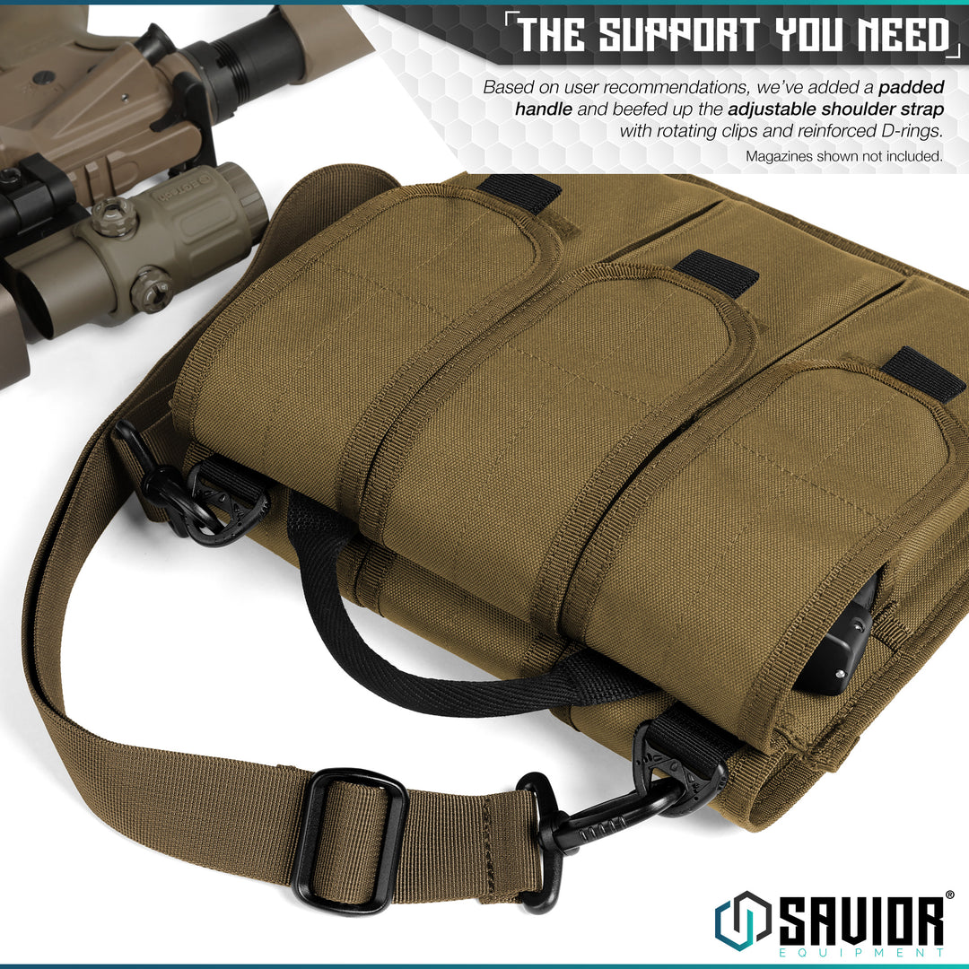 The Support You Need - Based on user recommendations, we've added a padded handle and beefed up the adjustable shoulder strap with rotating clips and reinforced D-rings. Magazines shown not included.#color_dark-fde