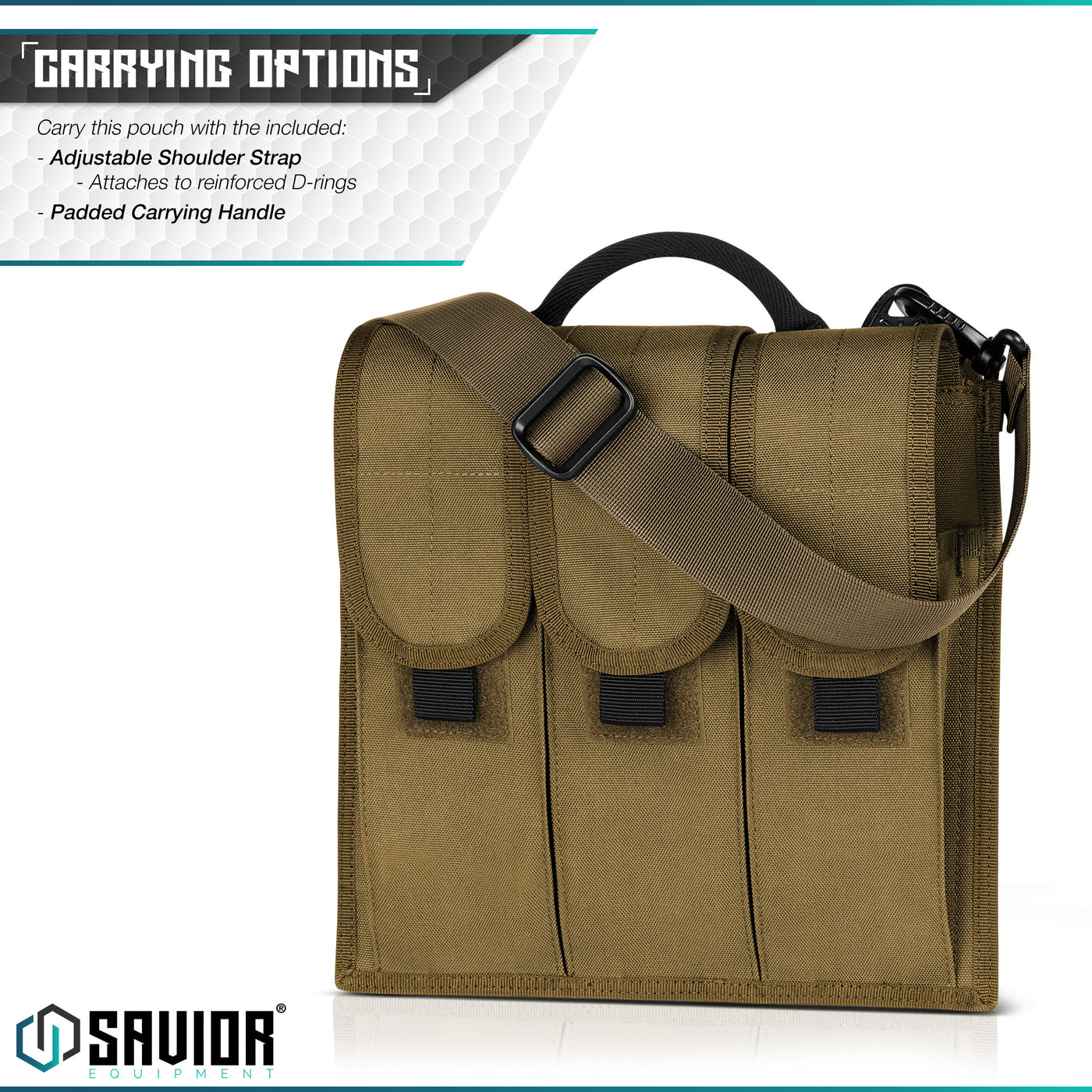 Multiple Carrying Options - Carry this pouch with the included: Adjustable shoulder strap. Attach to reinforced D-rings. Padded carrying handle.
