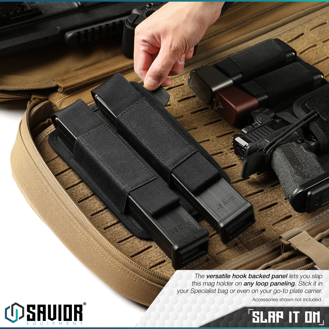 Slap it on - The versatile hook backed panel lets you slap this battery holder on any loop paneling. Stick it in your Specialist bag or even on your go-to plate carrier. Accessories shown not included.