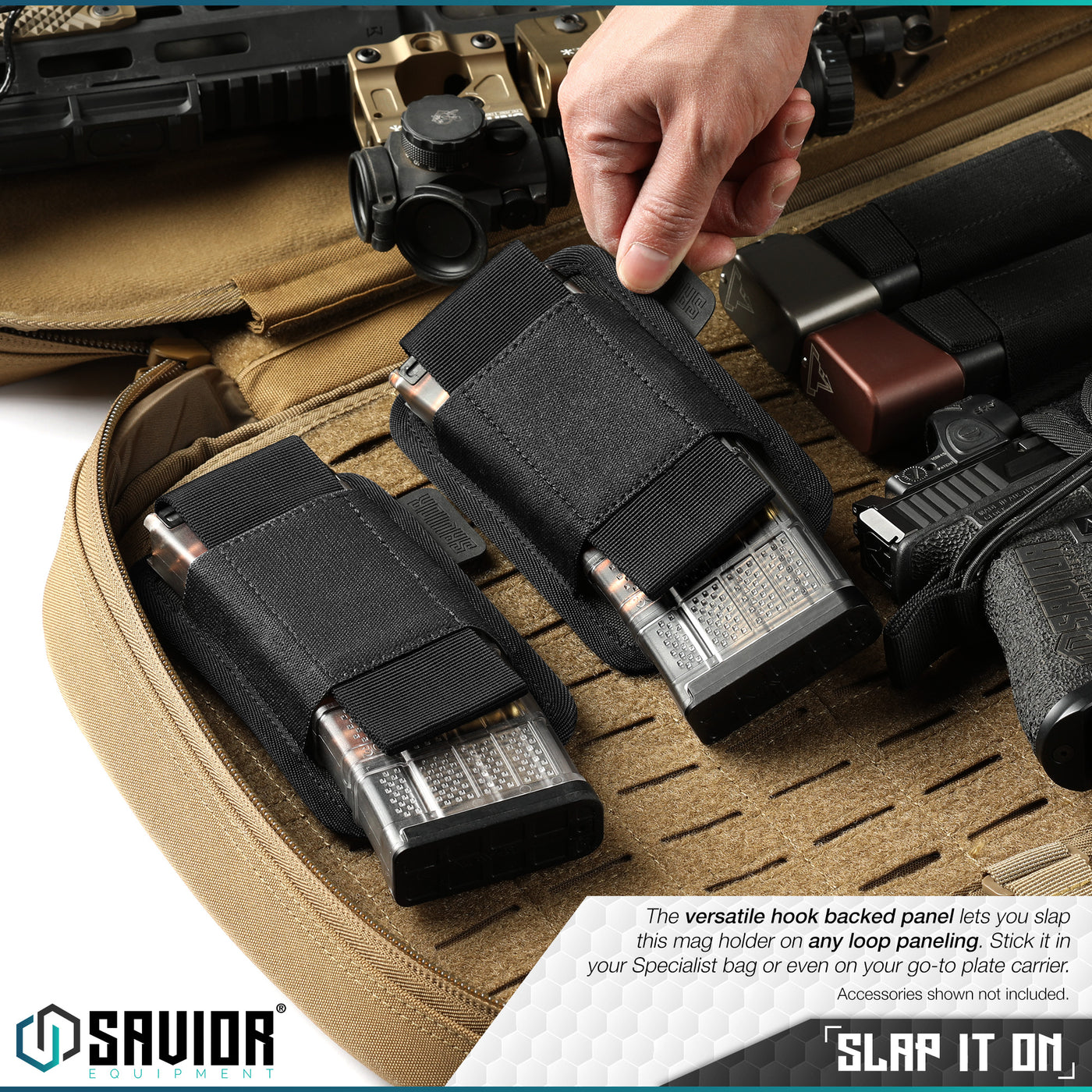Slap it on - The versatile hook backed panel lets you slap this battery holder on any loop paneling. Stick it in your Specialist bag or even on your go-to plate carrier. Accessories shown not included.