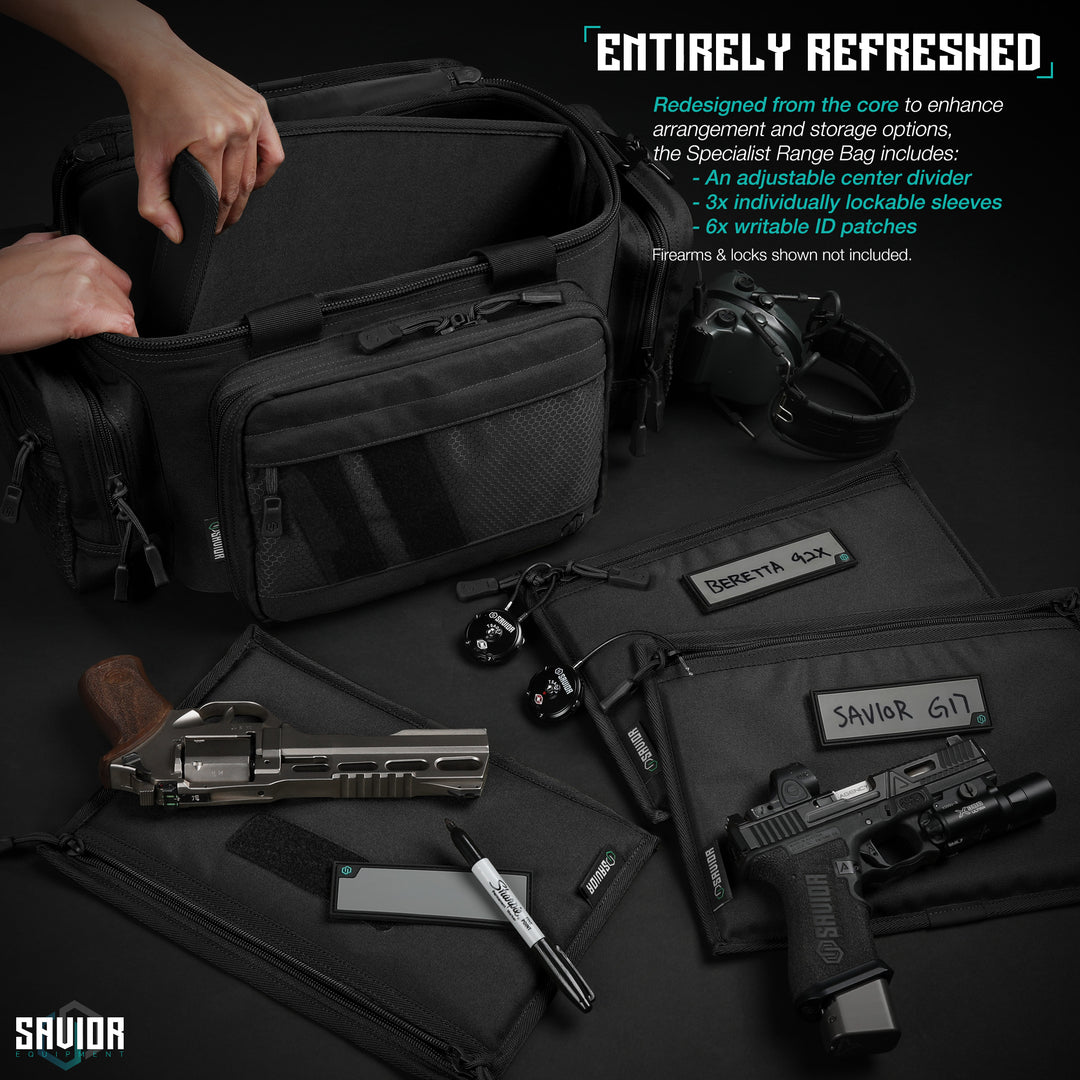 Entirely Refreshed - Redesigned from the core to enhance arrangement and storage options, the Specialist Range Bag includes: An adjustable center divier. 3x individually lockable sleeves. 6x writable ID patches.#color_obsidian-black
