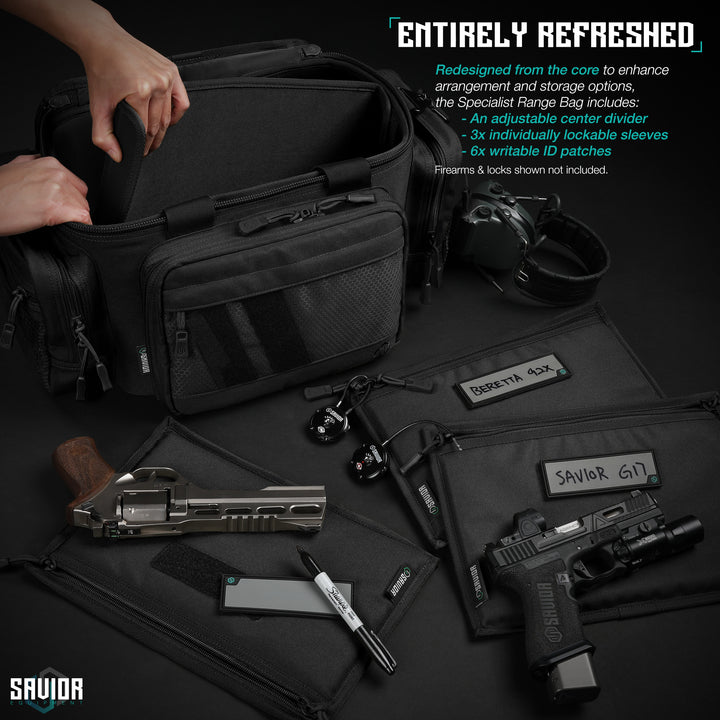 Entirely Refreshed - Redesigned from the core to enhance arrangement and storage options, the Specialist Range Bag includes: An adjustable center divier. 3x individually lockable sleeves. 6x writable ID patches.#color_obsidian-black