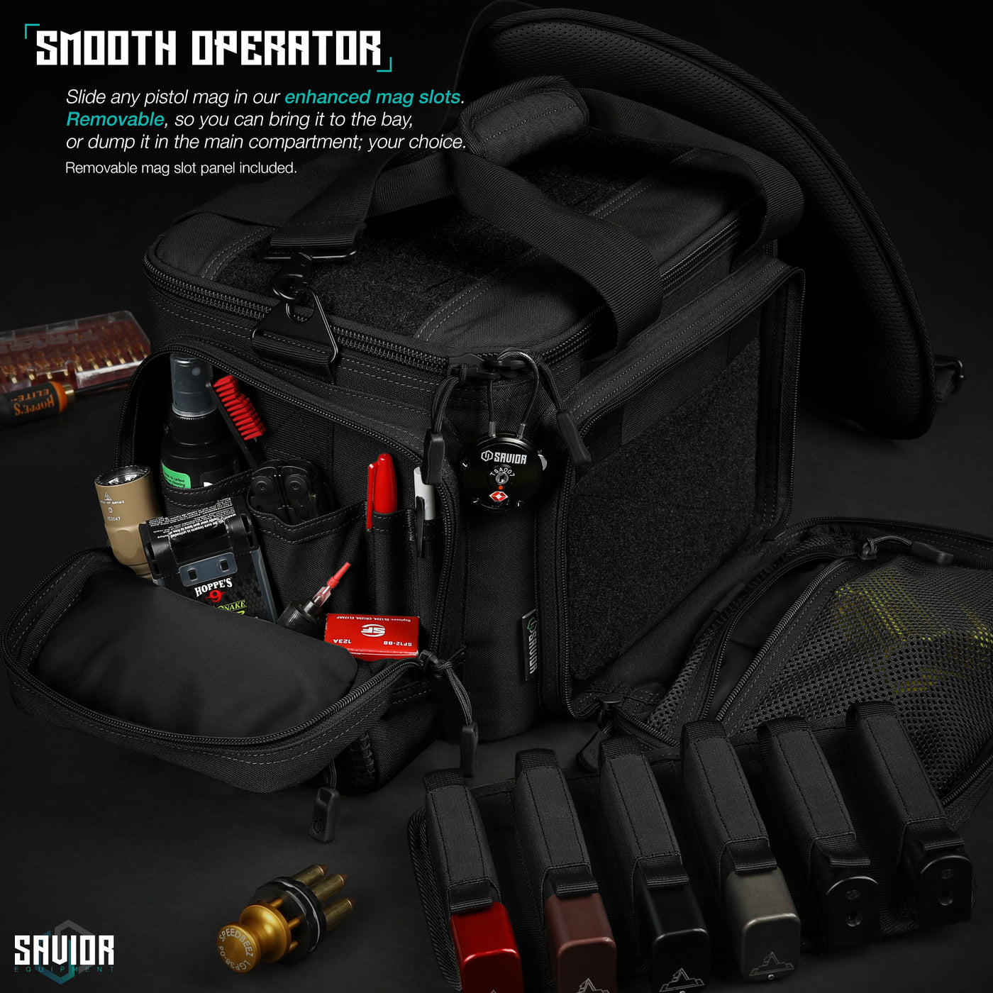 Smooth Operator - Slide any pistol mag in our enhanced mag slots. Removable, so you can bring it to the bay, or dump it in the main compartment; your choice. Removable mag slot panel included.