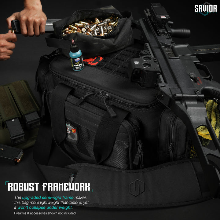 Robust Framework - The upgraded semi-rigid frame makes this bag more lightweight than before, yet it won't collapse under weight. Firearms & accessories shown not included.#color_obsidian-black