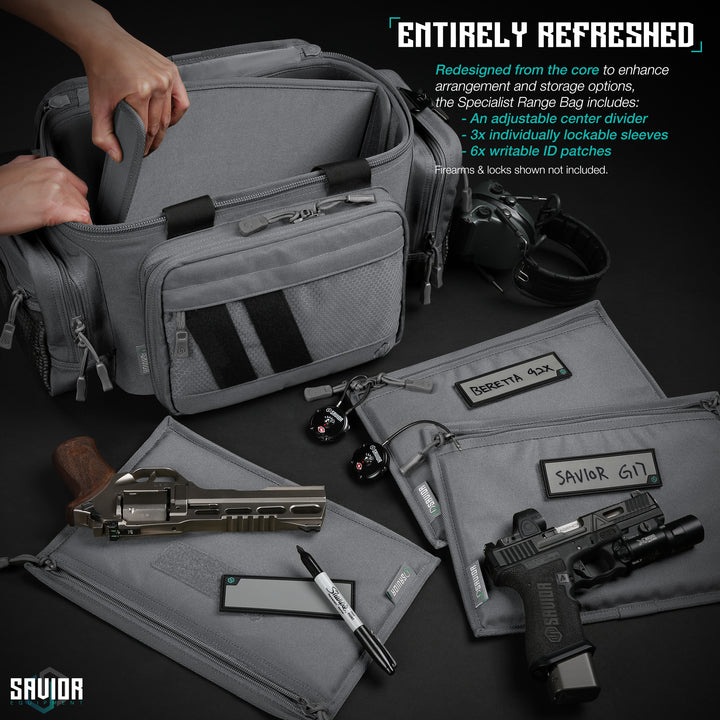 Entirely Refreshed - Redesigned from the core to enhance arrangement and storage options, the Specialist Range Bag includes: An adjustable center divier. 3x individually lockable sleeves. 6x writable ID patches.#color_sw-gray