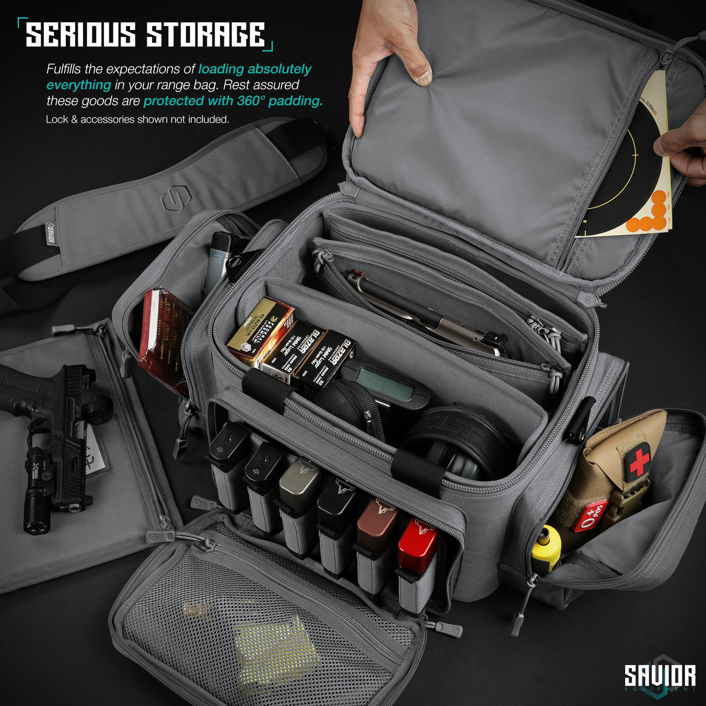 Serious Storage - Fulfills the expectations of loading absolutely everything in your range bag. Rest assured these goods are protected with 360° padding. Locks & accessories shown not included.