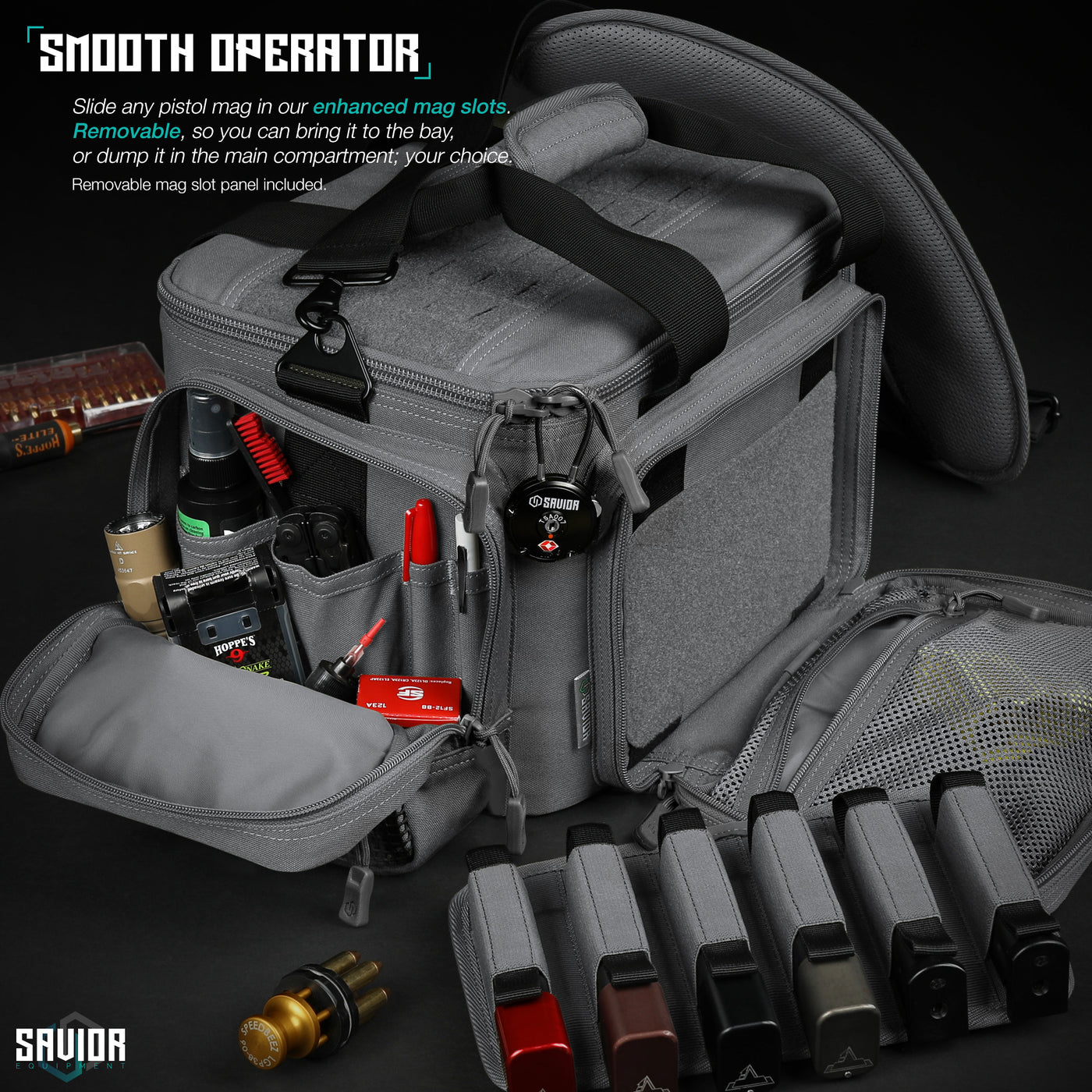 Smooth Operator - Slide any pistol mag in our enhanced mag slots. Removable, so you can bring it to the bay, or dump it in the main compartment; your choice. Removable mag slot panel included.