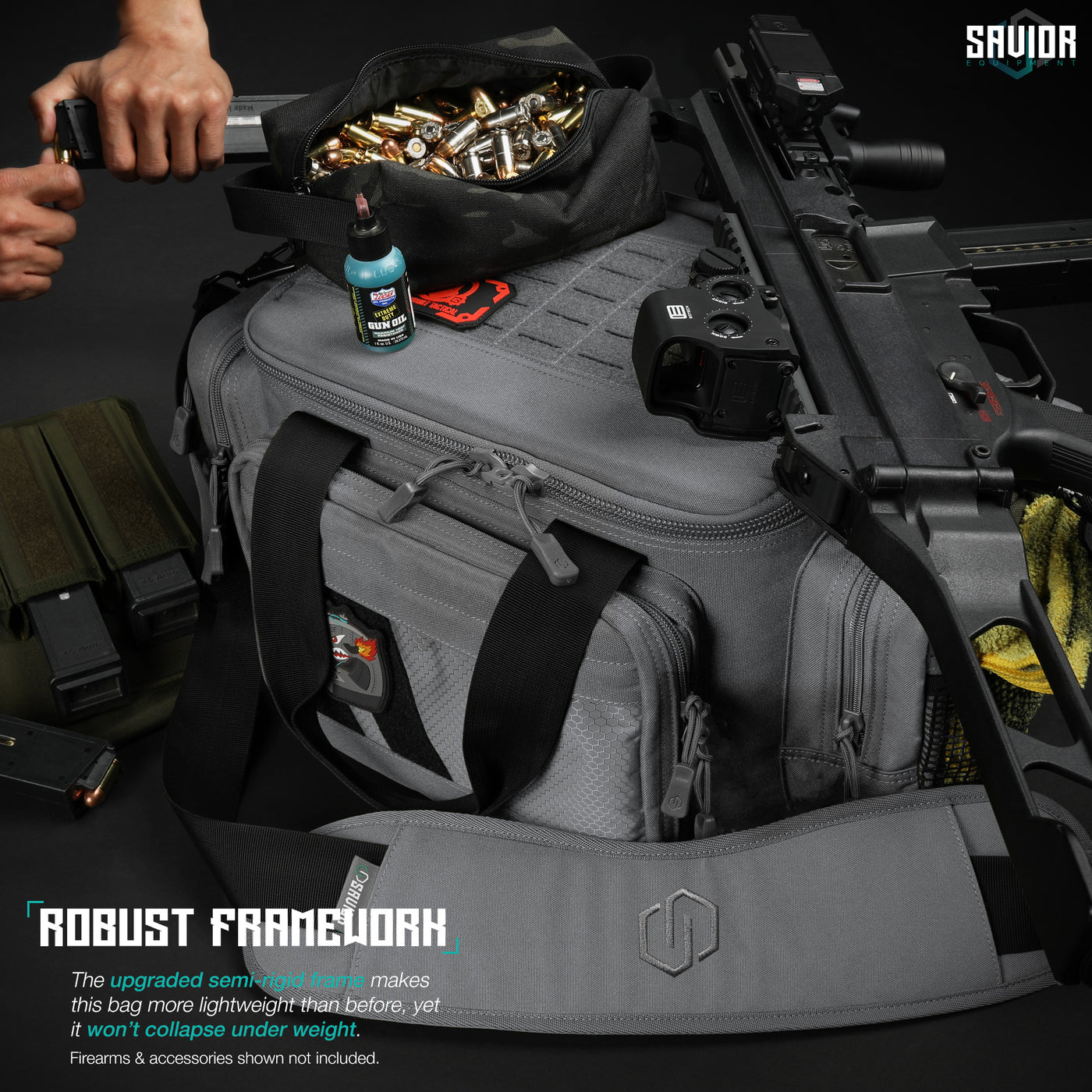 Robust Framework - The upgraded semi-rigid frame makes this bag more lightweight than before, yet it won't collapse under weight. Firearms & accessories shown not included.#color_sw-gray