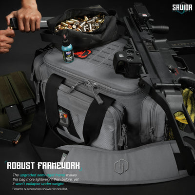 Robust Framework - The upgraded semi-rigid frame makes this bag more lightweight than before, yet it won't collapse under weight. Firearms & accessories shown not included.#color_sw-gray
