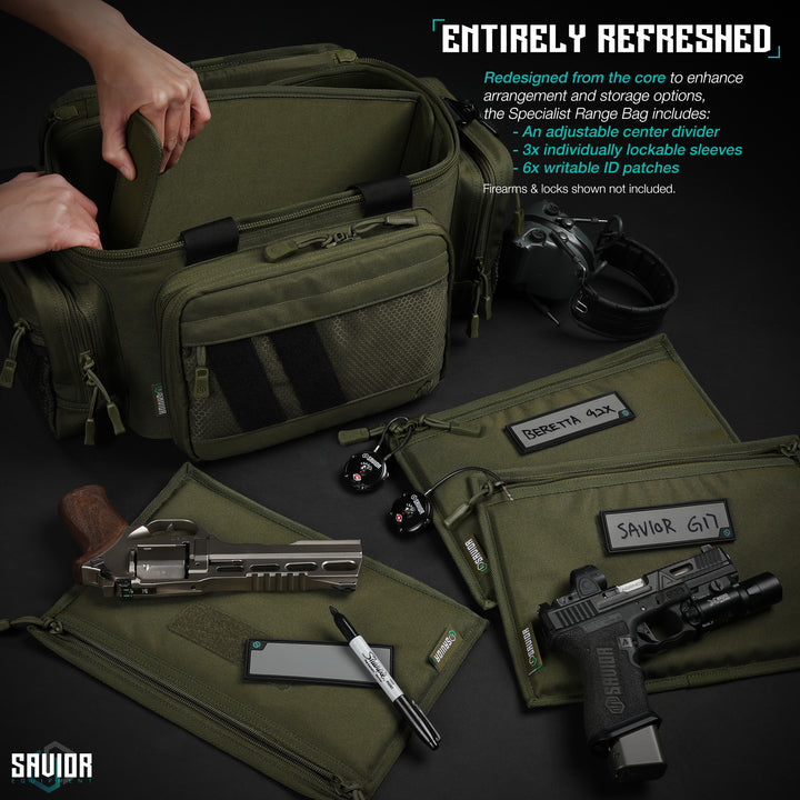 Entirely Refreshed - Redesigned from the core to enhance arrangement and storage options, the Specialist Range Bag includes: An adjustable center divier. 3x individually lockable sleeves. 6x writable ID patches.#color_od-green