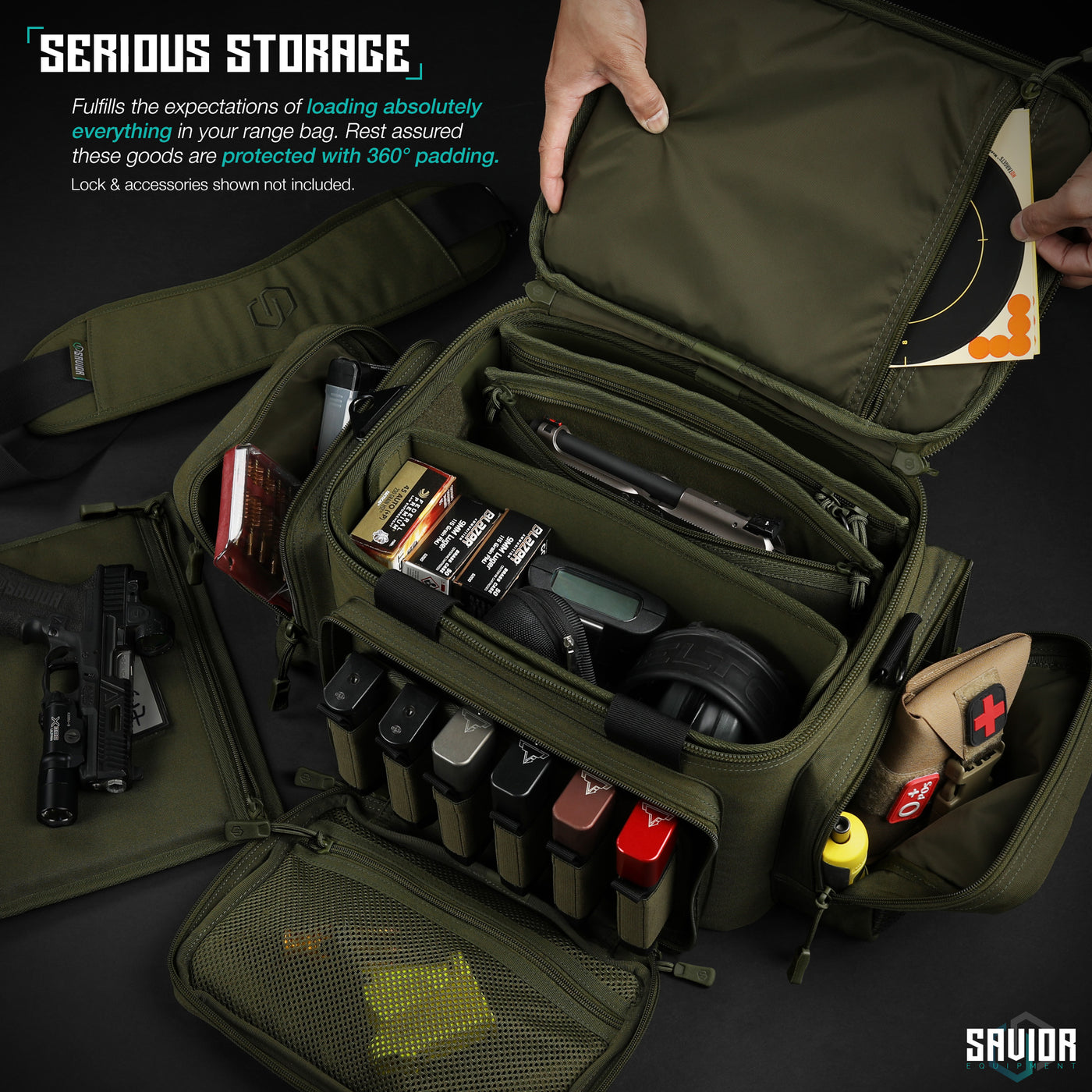 Serious Storage - Fulfills the expectations of loading absolutely everything in your range bag. Rest assured these goods are protected with 360° padding. Locks & accessories shown not included.