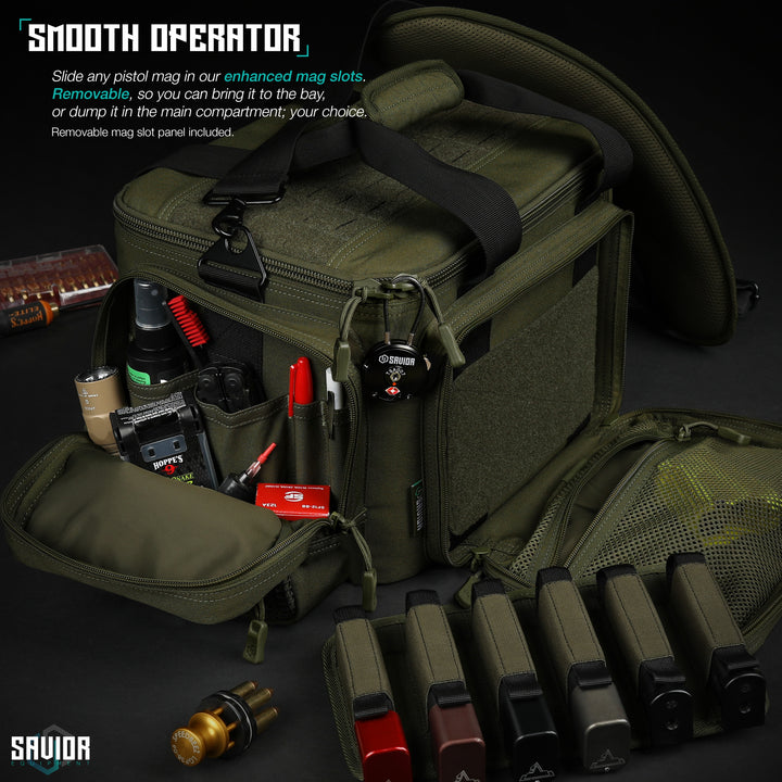 Smooth Operator - Slide any pistol mag in our enhanced mag slots. Removable, so you can bring it to the bay, or dump it in the main compartment; your choice. Removable mag slot panel included.#color_od-green