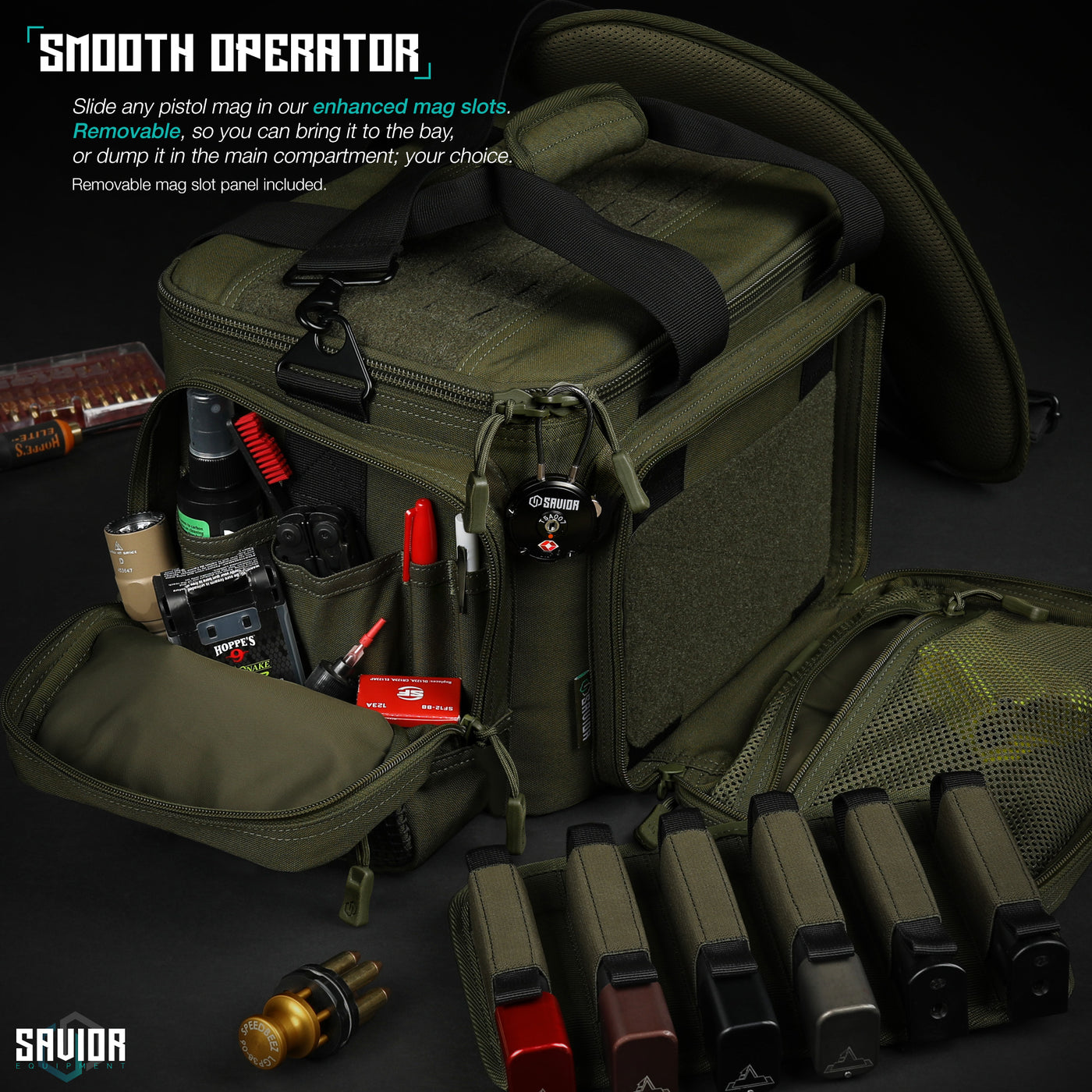 Smooth Operator - Slide any pistol mag in our enhanced mag slots. Removable, so you can bring it to the bay, or dump it in the main compartment; your choice. Removable mag slot panel included.