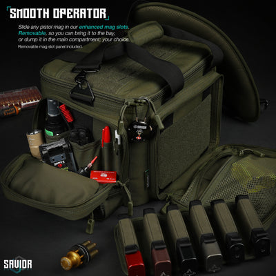 Smooth Operator - Slide any pistol mag in our enhanced mag slots. Removable, so you can bring it to the bay, or dump it in the main compartment; your choice. Removable mag slot panel included.#color_od-green