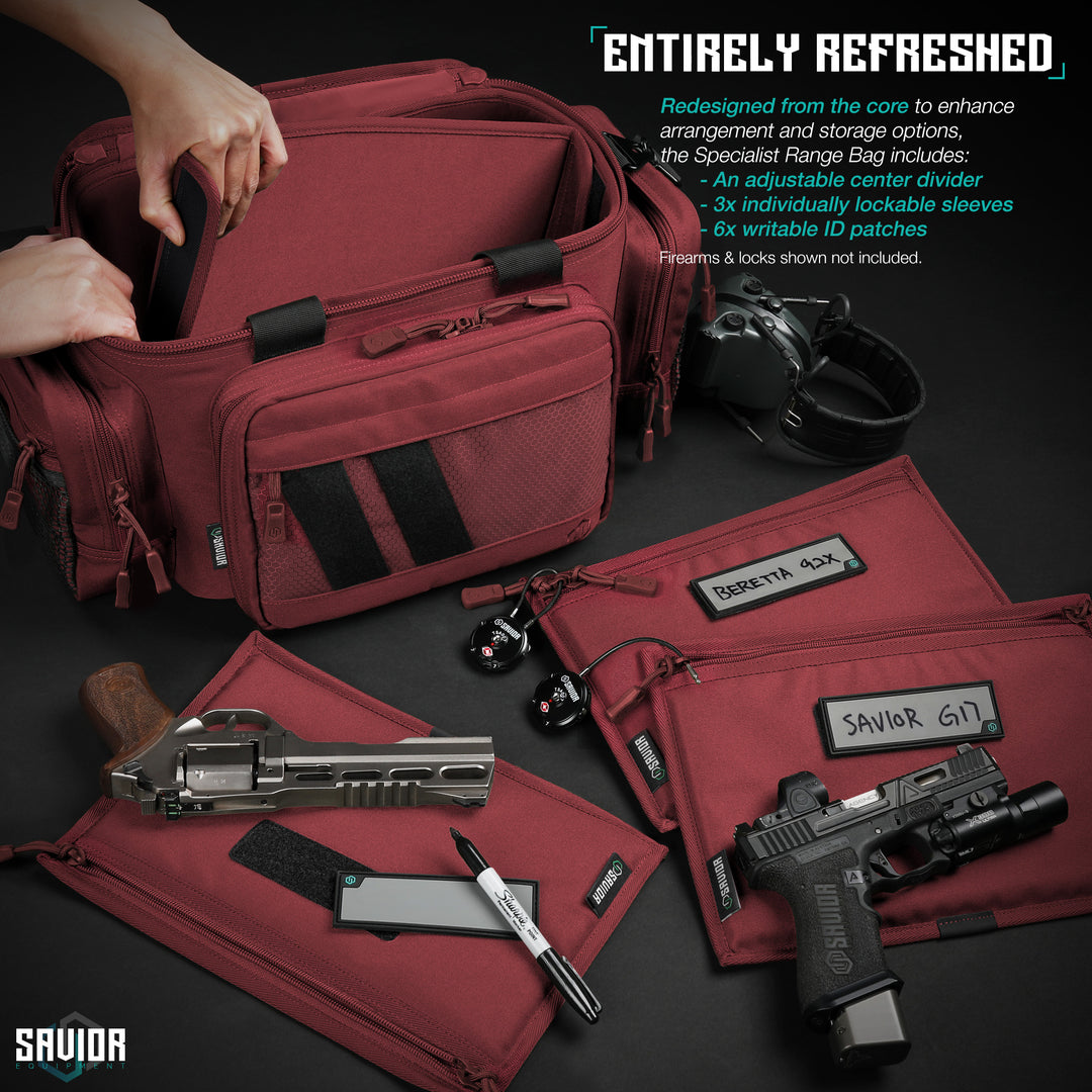 Entirely Refreshed - Redesigned from the core to enhance arrangement and storage options, the Specialist Range Bag includes: An adjustable center divier. 3x individually lockable sleeves. 6x writable ID patches.#color_sedona-red
