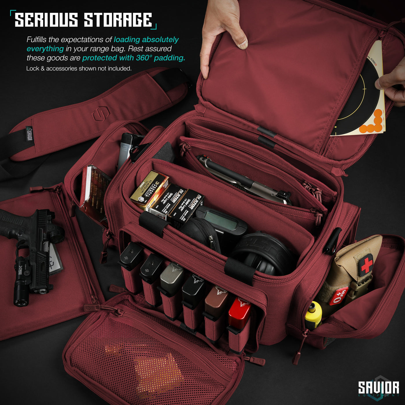 Serious Storage - Fulfills the expectations of loading absolutely everything in your range bag. Rest assured these goods are protected with 360° padding. Locks & accessories shown not included.