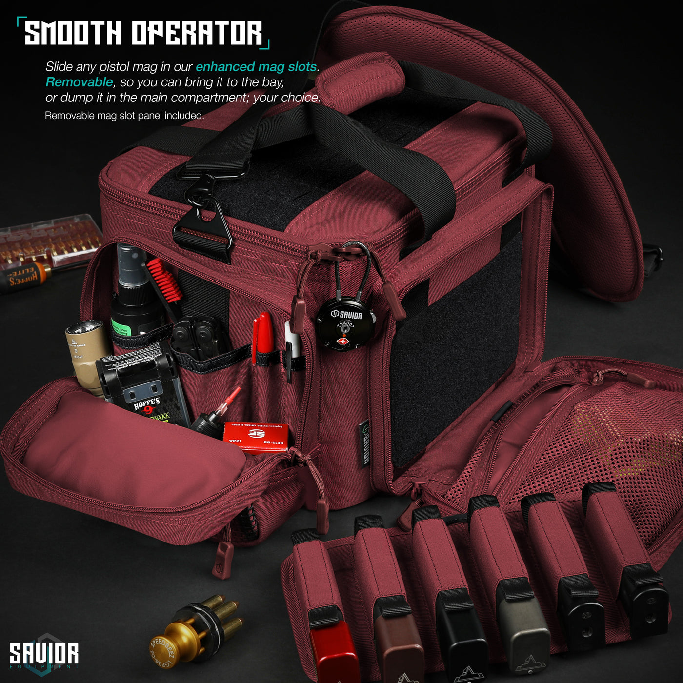 Smooth Operator - Slide any pistol mag in our enhanced mag slots. Removable, so you can bring it to the bay, or dump it in the main compartment; your choice. Removable mag slot panel included.#color_sedona-red