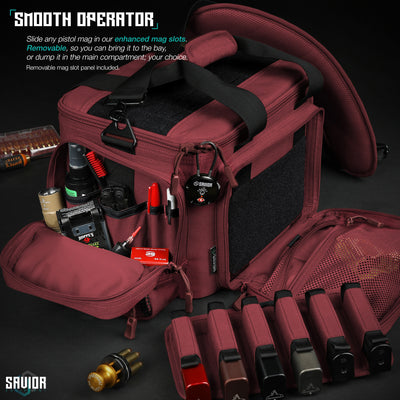 Smooth Operator - Slide any pistol mag in our enhanced mag slots. Removable, so you can bring it to the bay, or dump it in the main compartment; your choice. Removable mag slot panel included.#color_sedona-red