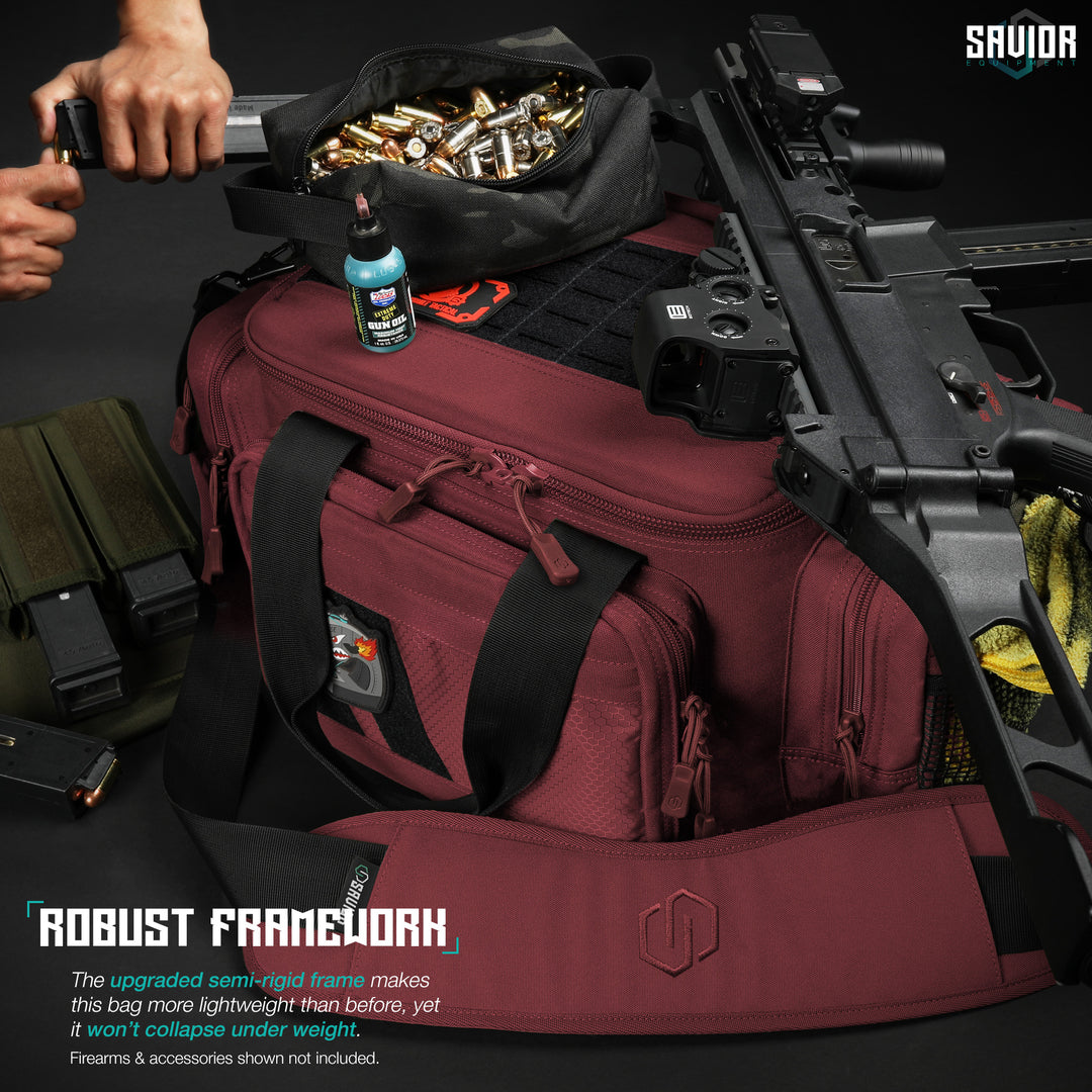 Robust Framework - The upgraded semi-rigid frame makes this bag more lightweight than before, yet it won't collapse under weight. Firearms & accessories shown not included.#color_sedona-red