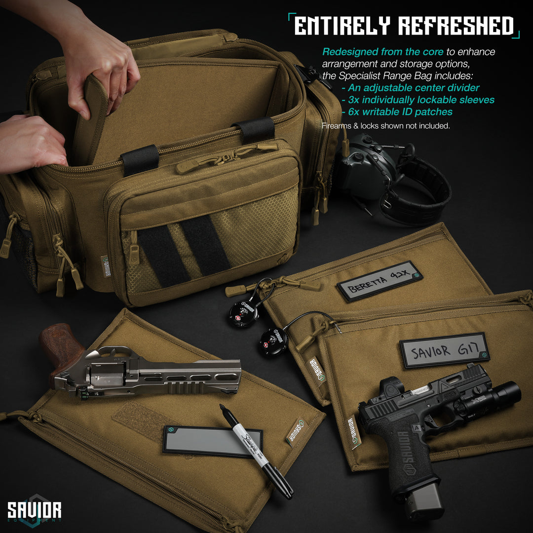 Entirely Refreshed - Redesigned from the core to enhance arrangement and storage options, the Specialist Range Bag includes: An adjustable center divier. 3x individually lockable sleeves. 6x writable ID patches.#color_dark-fde