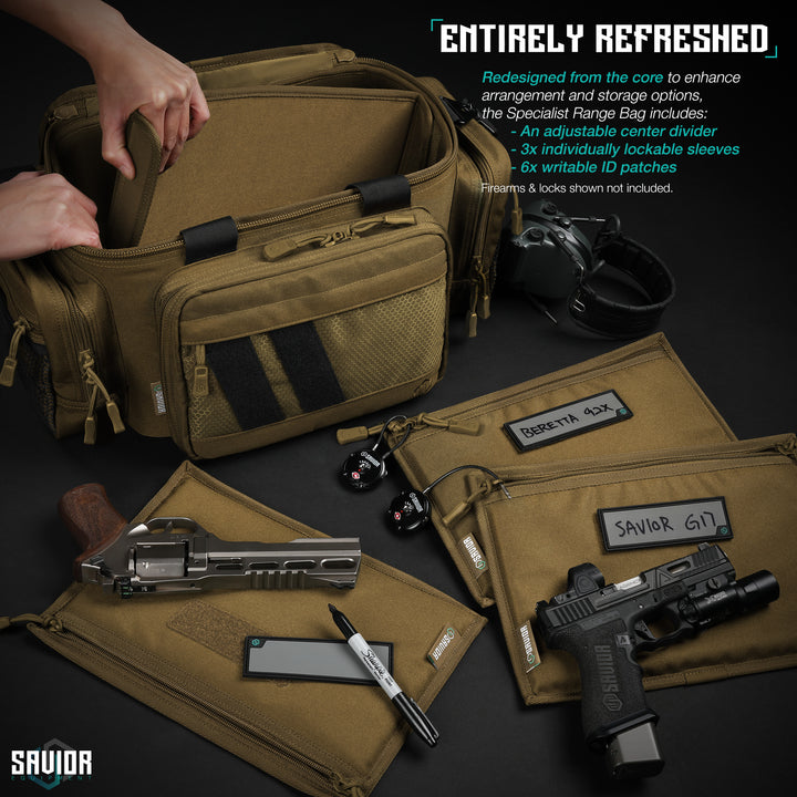 Entirely Refreshed - Redesigned from the core to enhance arrangement and storage options, the Specialist Range Bag includes: An adjustable center divier. 3x individually lockable sleeves. 6x writable ID patches.#color_dark-fde