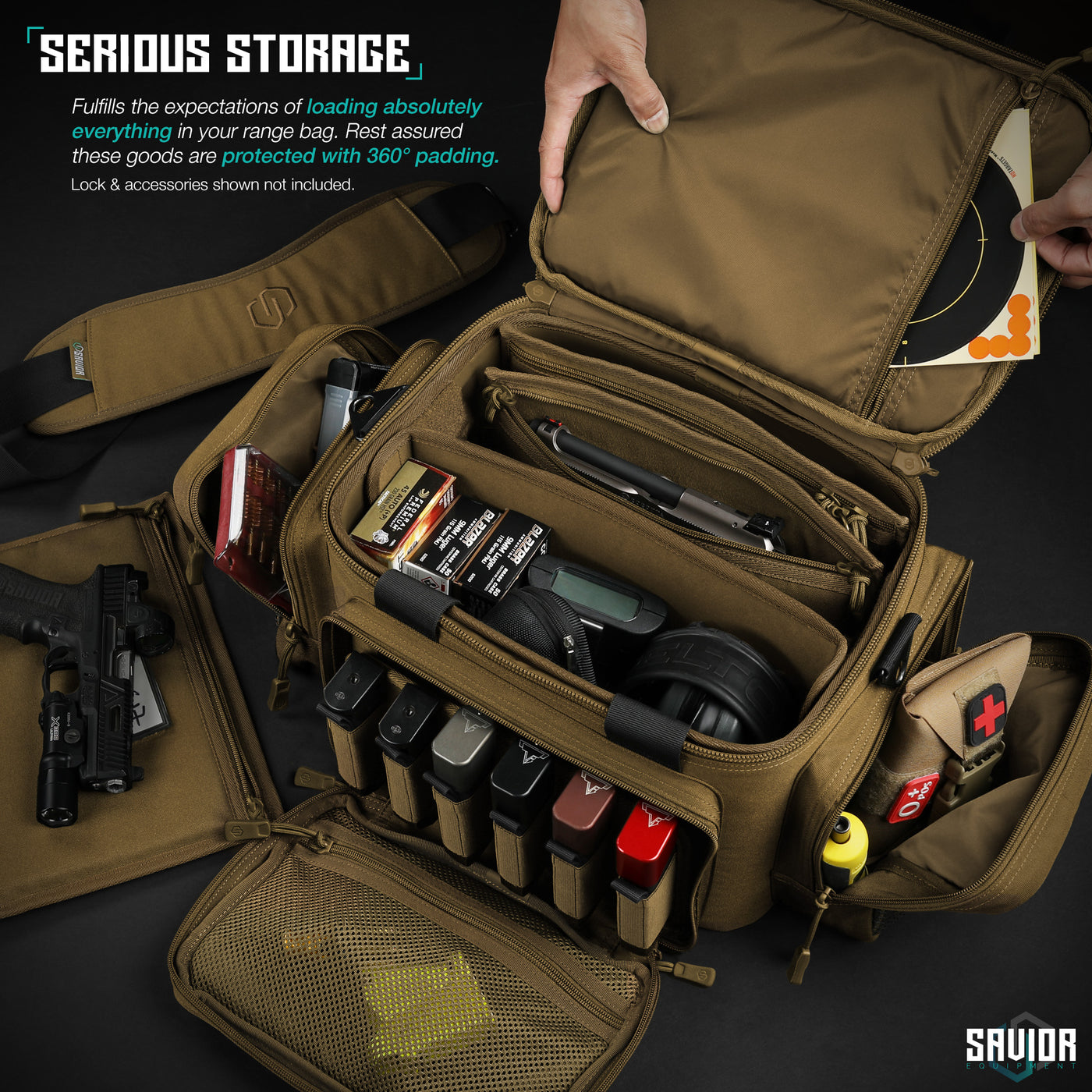 Serious Storage - Fulfills the expectations of loading absolutely everything in your range bag. Rest assured these goods are protected with 360° padding. Locks & accessories shown not included.