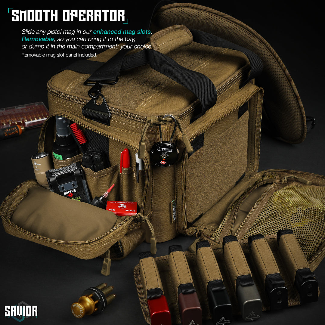 Smooth Operator - Slide any pistol mag in our enhanced mag slots. Removable, so you can bring it to the bay, or dump it in the main compartment; your choice. Removable mag slot panel included.#color_dark-fde