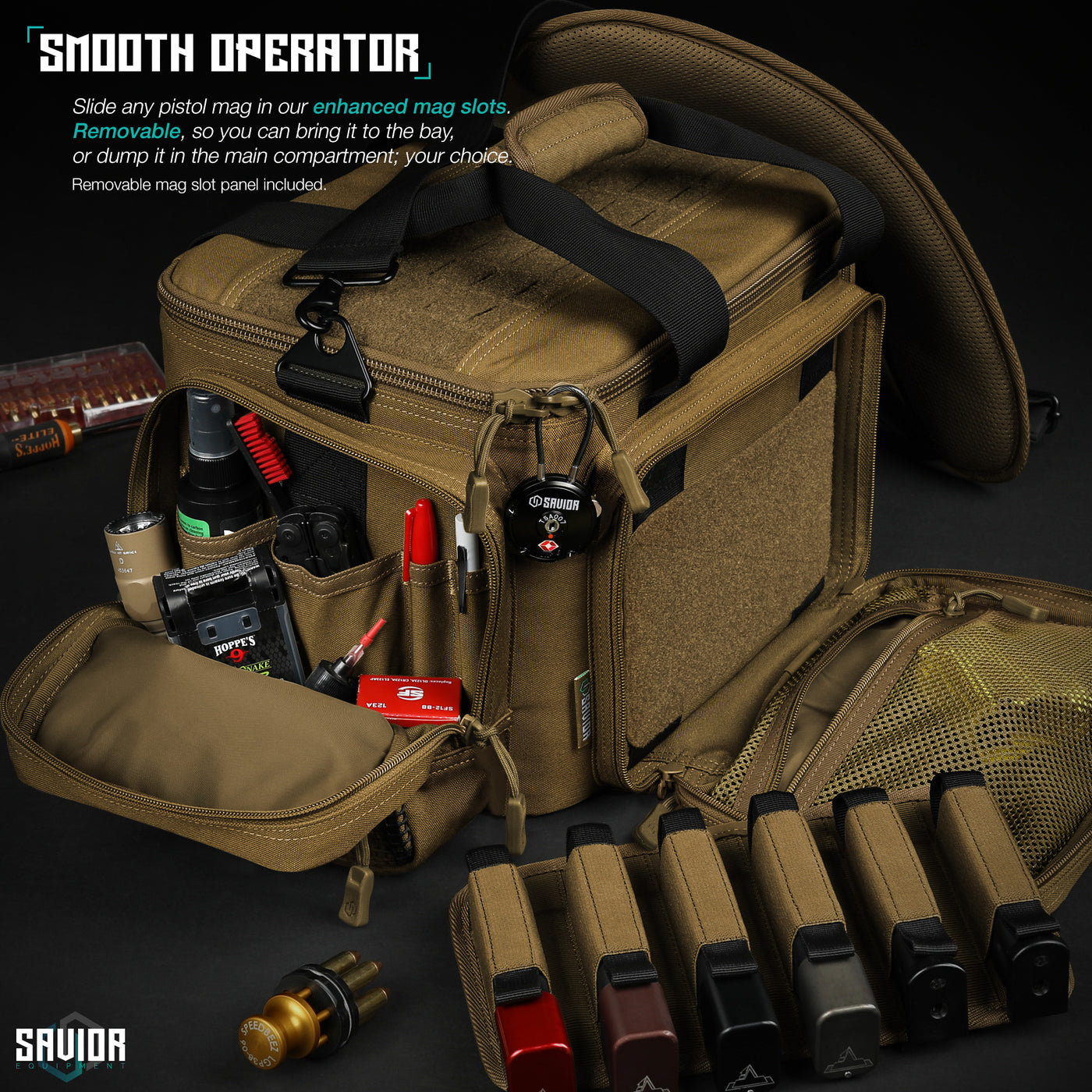 Smooth Operator - Slide any pistol mag in our enhanced mag slots. Removable, so you can bring it to the bay, or dump it in the main compartment; your choice. Removable mag slot panel included.