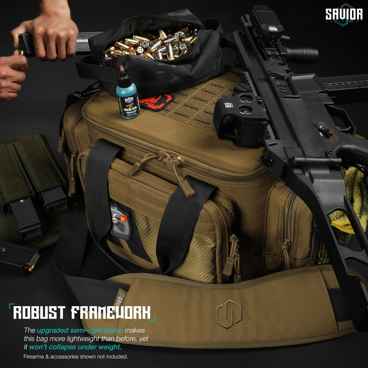 Robust Framework - The upgraded semi-rigid frame makes this bag more lightweight than before, yet it won't collapse under weight. Firearms & accessories shown not included.#color_dark-fde