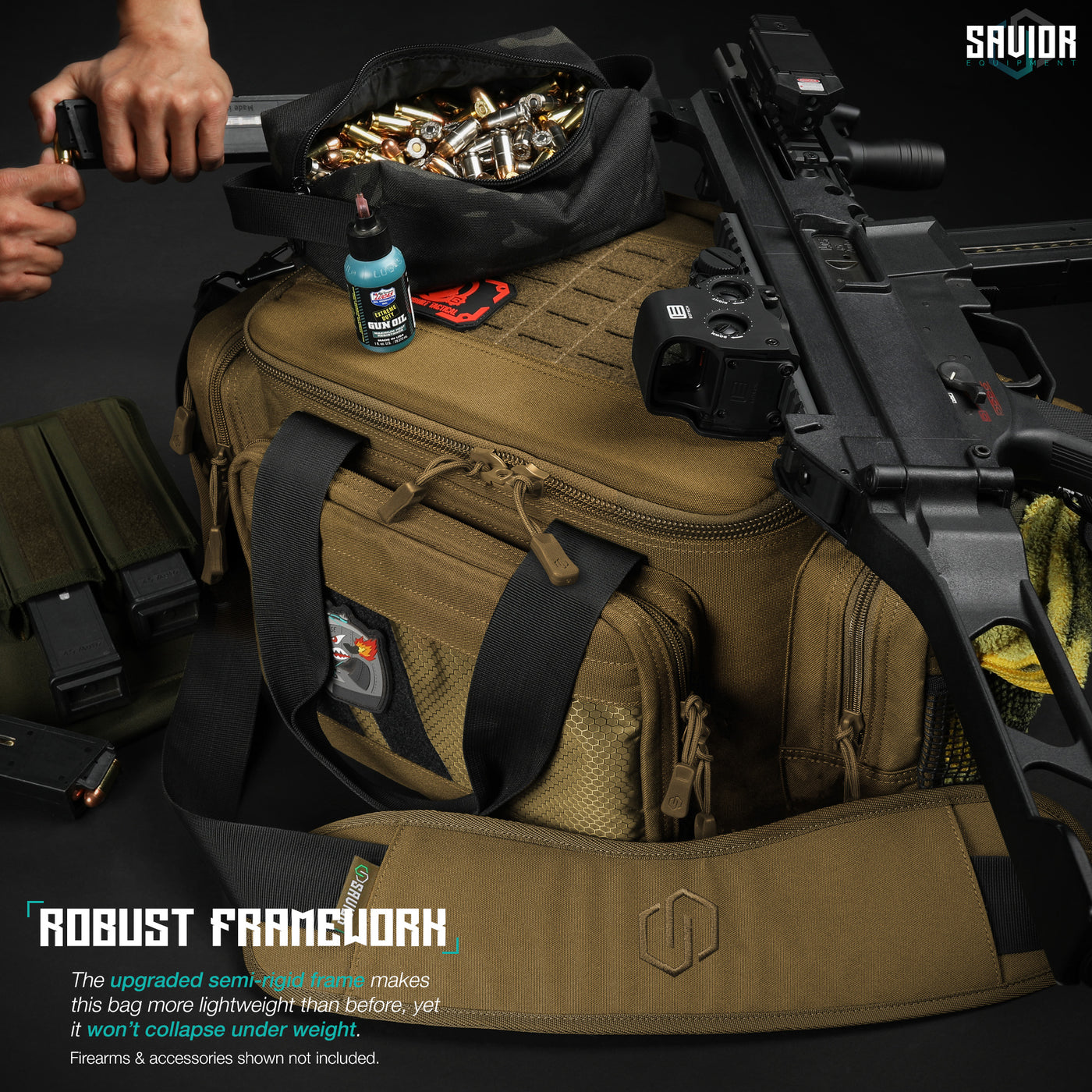Robust Framework - The upgraded semi-rigid frame makes this bag more lightweight than before, yet it won't collapse under weight. Firearms & accessories shown not included.