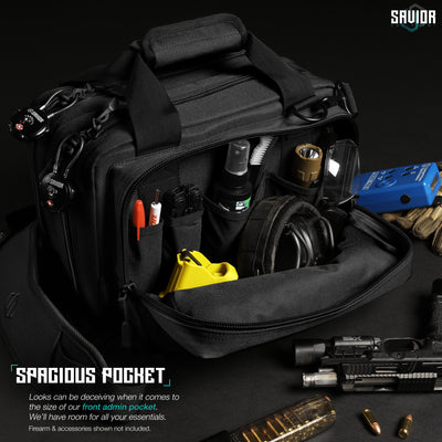 Spacious Pocket - Looks can be deceiving when it comes to the size of our front admin pocket. We’ll have room for all your essentials. Firearms & accessories shown not included.