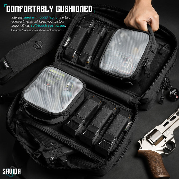 Comfortably Cushioned - Internally lined with 600D fabric, the two compartments will keep you pistols snug with its soft-touch cushioning. Firearms & accessories shown not included.#color_obsidian-black