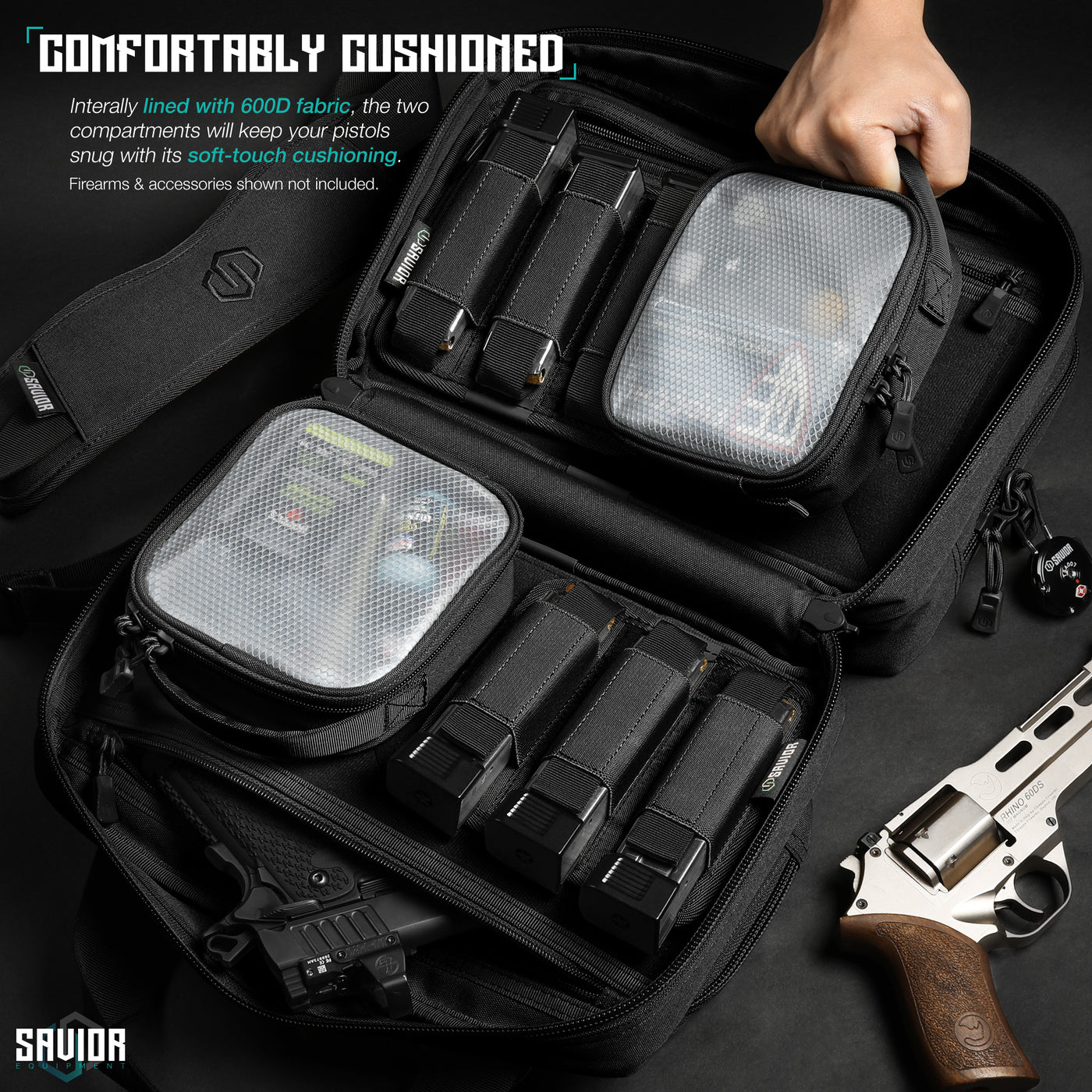 Comfortably Cushioned - Internally lined with 600D fabric, the two compartments will keep you pistols snug with its soft-touch cushioning. Firearms & accessories shown not included.