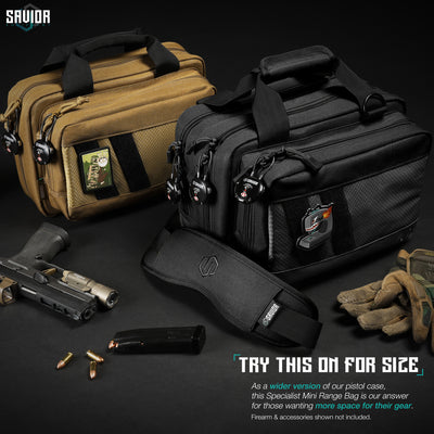 Try This On For Size - As a wider version of our Pistol Case, this Specialist Mini Range Bag is our answer for those wanting more space for their gear. Firearms & accessories shown not included.#color_obsidian-black