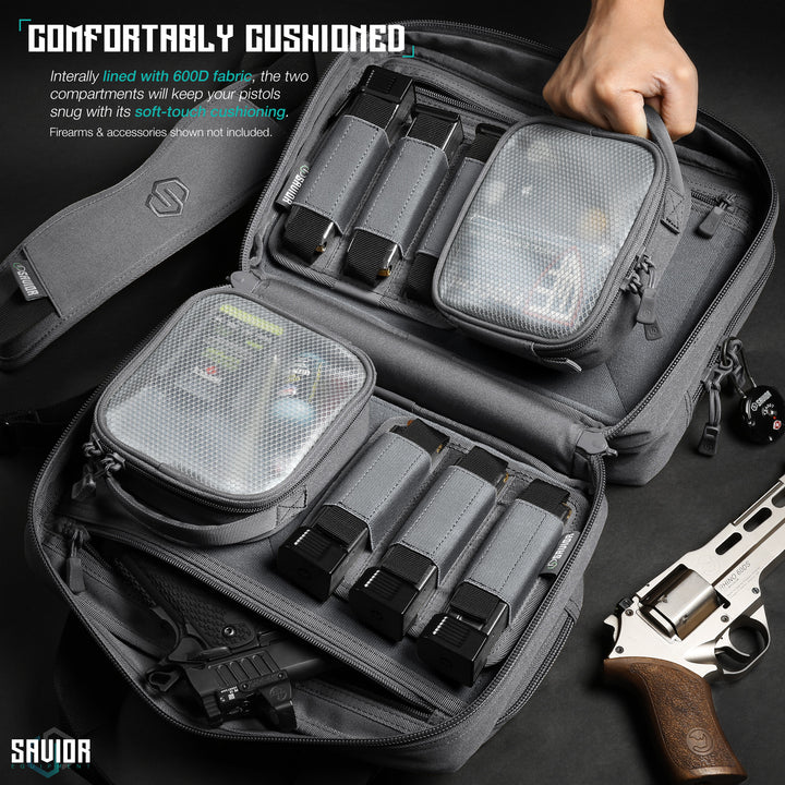 Comfortably Cushioned - Internally lined with 600D fabric, the two compartments will keep you pistols snug with its soft-touch cushioning. Firearms & accessories shown not included.#color_sw-gray