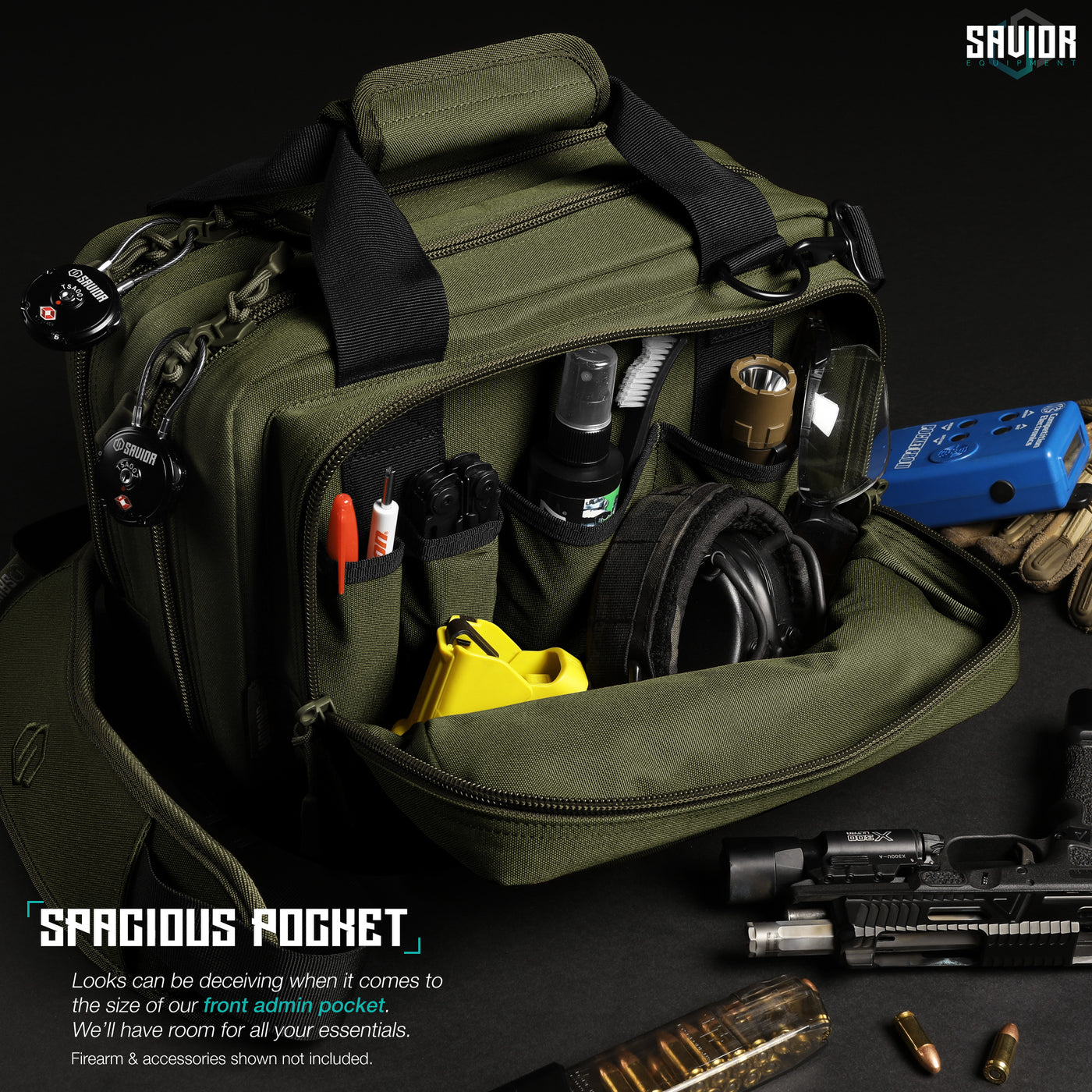 Spacious Pocket - Looks can be deceiving when it comes to the size of our front admin pocket. We’ll have room for all your essentials. Firearms & accessories shown not included.
