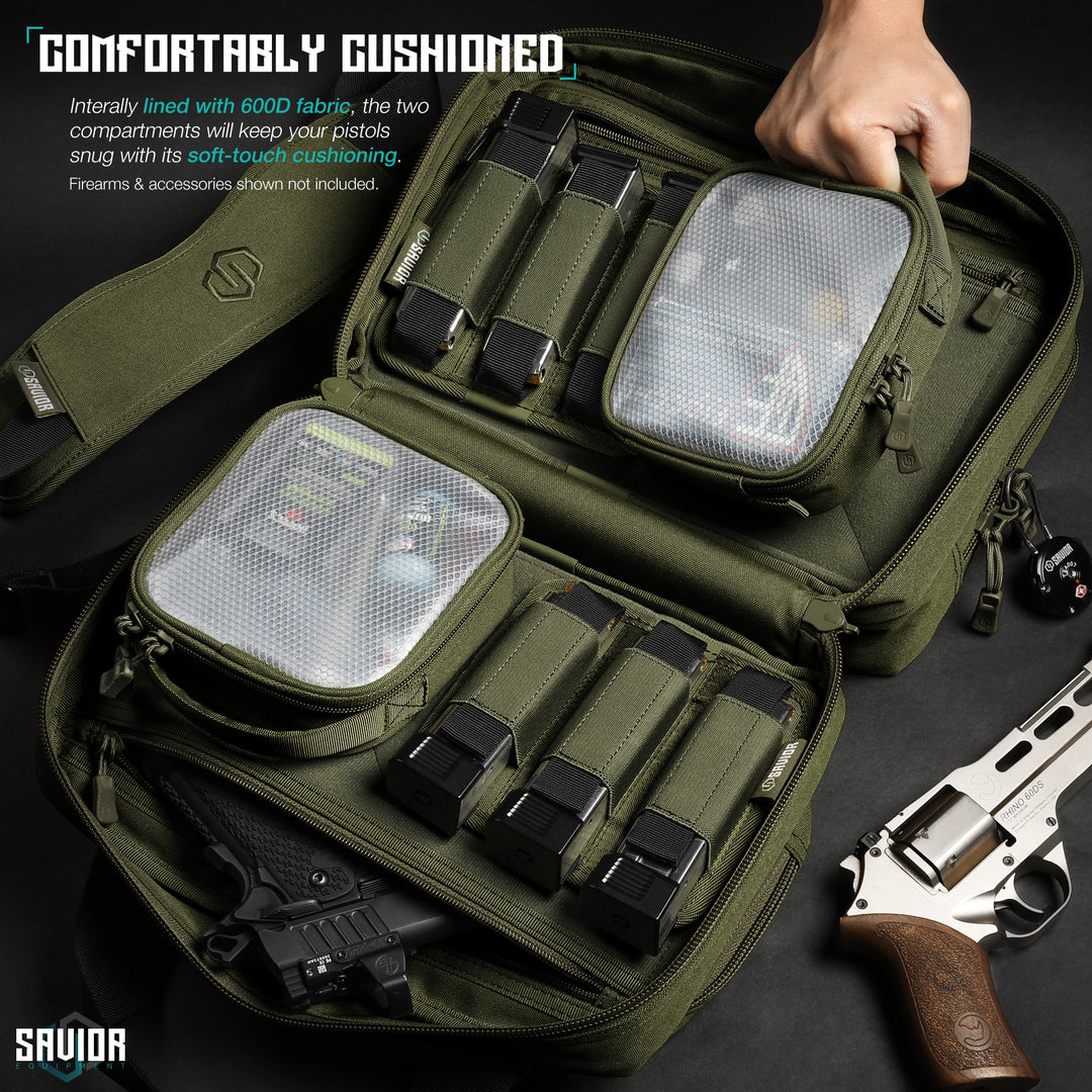 Comfortably Cushioned - Internally lined with 600D fabric, the two compartments will keep you pistols snug with its soft-touch cushioning. Firearms & accessories shown not included.#color_od-green