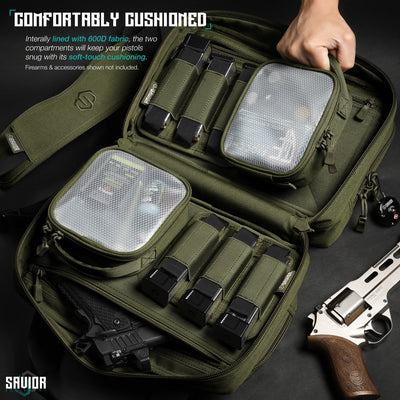 Comfortably Cushioned - Internally lined with 600D fabric, the two compartments will keep you pistols snug with its soft-touch cushioning. Firearms & accessories shown not included.