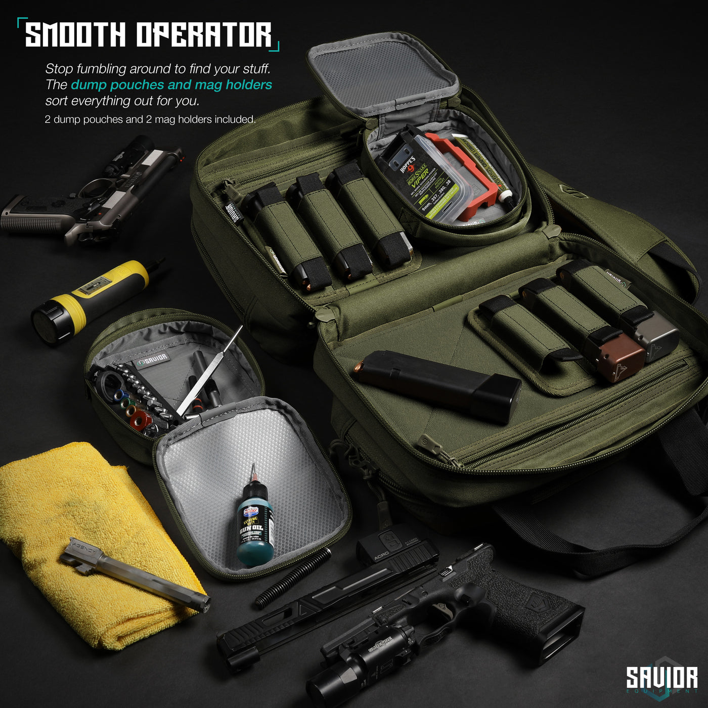 Smooth Operator - Stop fumbling around to find your stuff. The dump pouches and mag holders sort everything out for you. 2 dump pouches and 2 mag holders included.