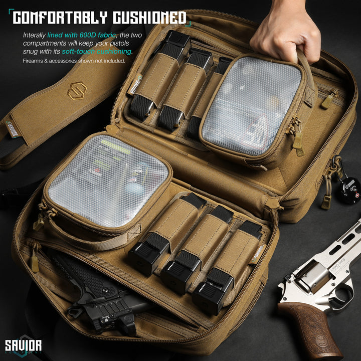 Comfortably Cushioned - Internally lined with 600D fabric, the two compartments will keep you pistols snug with its soft-touch cushioning. Firearms & accessories shown not included.#color_dark-fde